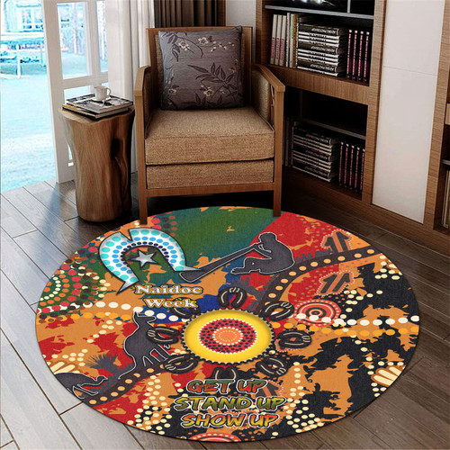 Australia Naidoc Week Round Rug - Naidoc Aboriginal Inspired Dot Art Painting With Native Kangaroo "Get up, Stand up, Show up," Round Rug Australia Naidoc Week Round Rug - Naidoc Aboriginal Inspired Dot Art Painting With Native Kangaroo "Get up, Stand up, Show up," Round Rug