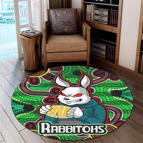 South Sydney Rabbitohs Round Rug - South Sydney Rabbitohs With Ball Aboriginal Inspired Style Of Dot Painting Patterns Custom Round Rug South Sydney Rabbitohs Round Rug - South Sydney Rabbitohs With Ball Aboriginal Inspired Style Of Dot Painting Patterns Custom Round Rug