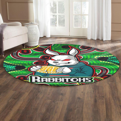 South Sydney Rabbitohs Round Rug - South Sydney Rabbitohs With Ball Aboriginal Inspired Style Of Dot Painting Patterns Custom Round Rug South Sydney Rabbitohs Round Rug - South Sydney Rabbitohs With Ball Aboriginal Inspired Style Of Dot Painting Patterns Custom Round Rug