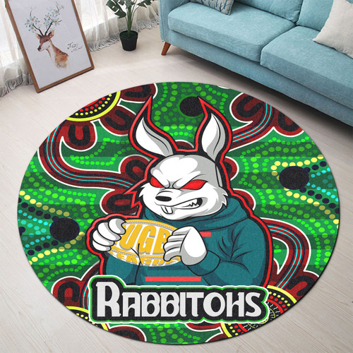 South Sydney Rabbitohs Round Rug - South Sydney Rabbitohs With Ball Aboriginal Inspired Style Of Dot Painting Patterns Custom Round Rug South Sydney Rabbitohs Round Rug - South Sydney Rabbitohs With Ball Aboriginal Inspired Style Of Dot Painting Patterns Custom Round Rug