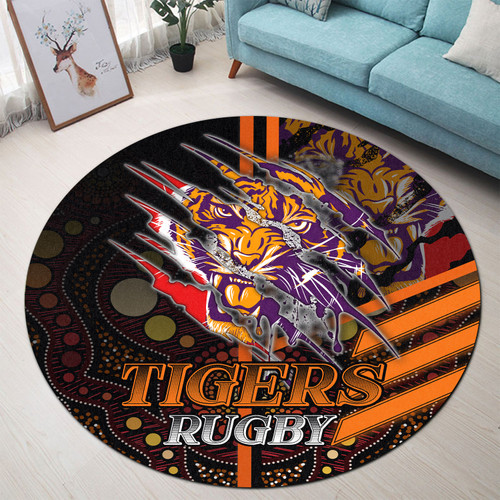Wests Tigers Round Rug - Wests Tigers Claw Aboriginal Inspired Indigenous Sport Style Round Rug Wests Tigers Round Rug - Wests Tigers Claw Aboriginal Inspired Indigenous Sport Style Round Rug