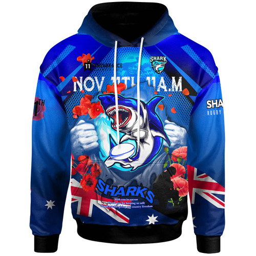 Cronulla-Sutherland Sharks Hoodie - Custom Cronulla-Sutherland Sharks Remembrance Day Lest We Forget Poppies Hoodie