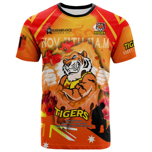 Wests Tigers T-Shirt - Custom Wests Tigers Remembrance Day Lest We Forget Poppies T-Shirt