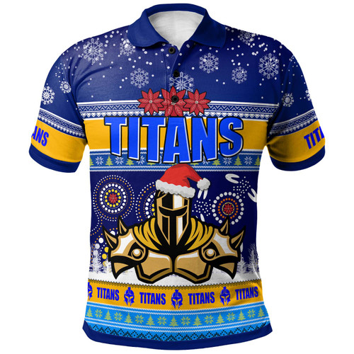 Gold Coast Titans Christmas Polo Shirt - Custom Gold Coast Titans Ugly Christmas And Aboriginal Inspired Patterns Polo Shirt