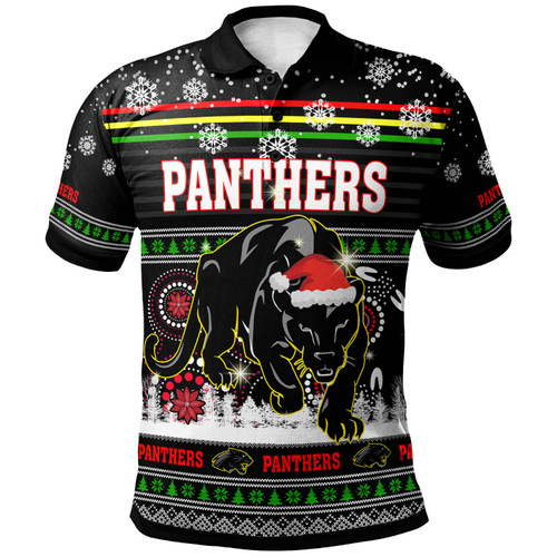 Penrith Panthers Christmas Polo Shirt - Custom Penrith Panthers Ugly Christmas And Aboriginal Inspired Patterns Polo Shirt