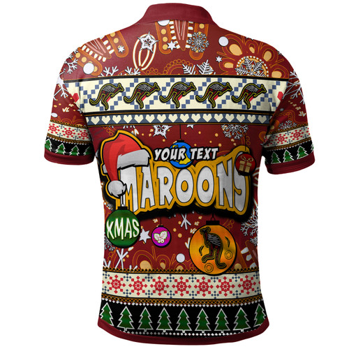 Maroons Rugby Christmas Polo Shirt - Custom Xmas Maroons Christmas Balls, Snowflake With Aboriginal Inspired Patterns Polo Shirt