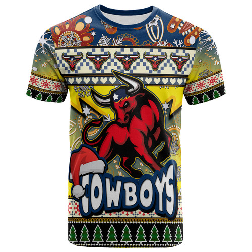 North Queensland Cowboys Christmas T-Shirt - Custom Xmas Cowboys Christmas Balls, Snowflake With Aboriginal Inspired Patterns T-Shirt