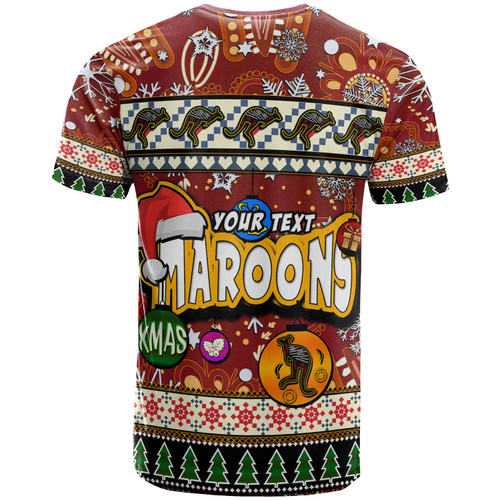 Maroons Rugby Christmas T-Shirt - Custom Xmas Maroons Christmas Balls, Snowflake With Aboriginal Inspired Patterns T-Shirt