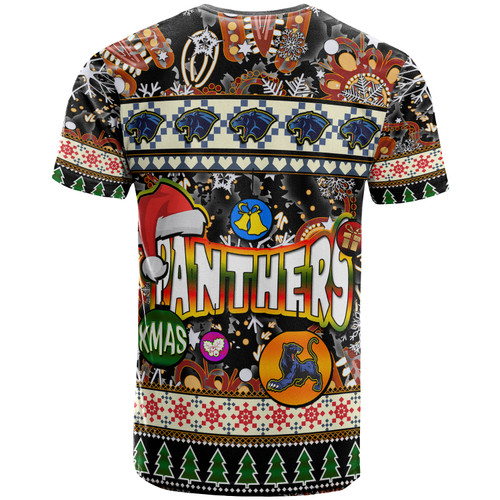 Penrith Panthers Christmas T-Shirt - Custom Xmas Penrith Panthers Christmas Balls, Snowflake With Aboriginal Inspired Patterns T-Shirt