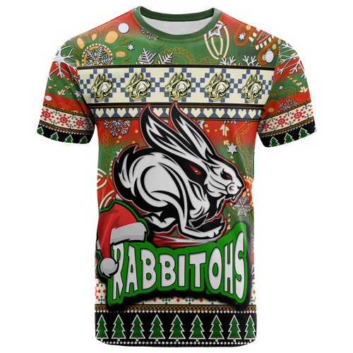 South Sydney Rabbitohs T-Shirt - Custom Xmas South Sydney Rabbitohs Balls, Snowflake With Aboriginal Inspired Patterns T-Shirt