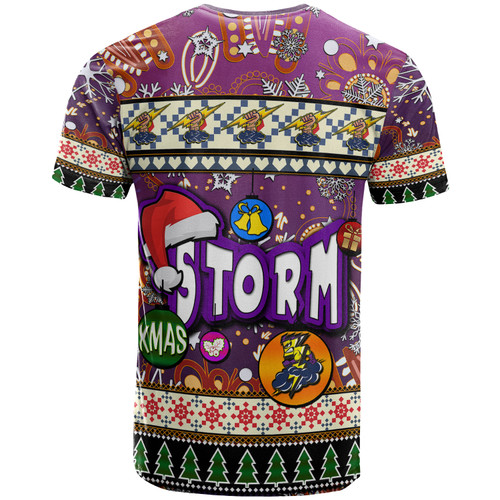 Melbourne Storm Christmas T-Shirt - Custom Xmas Melbourne Storm Christmas Balls, Snowflake With Aboriginal Inspired Patterns T-Shirt