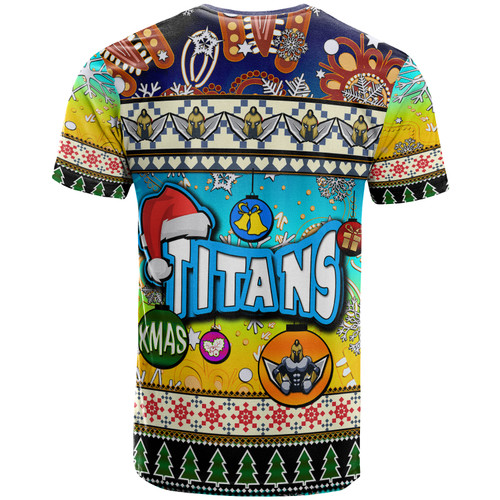 Gold Coast Titans Christmas T-Shirt - Custom Xmas Gold Coast Titans Christmas Balls, Snowflake With Aboriginal Inspired Patterns T-Shirt Gold Coast Titans Christmas T-Shirt - Custom Xmas Gold Coast Titans Christmas Balls, Snowflake With Aboriginal Inspired Patterns T-Shirt