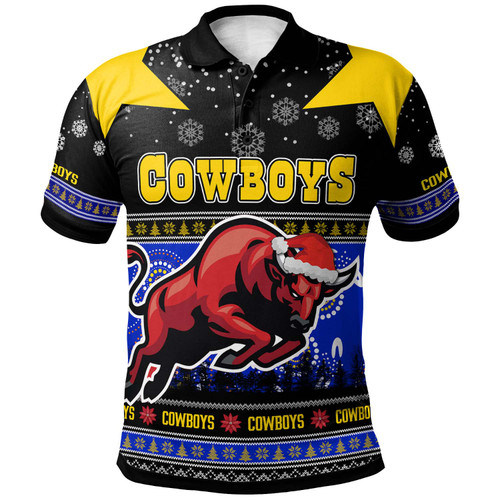 North Queensland Cowboys Christmas Polo Shirt - Custom North Queensland Cowboys Ugly Christmas And Aboriginal Inspired Patterns Polo Shirt