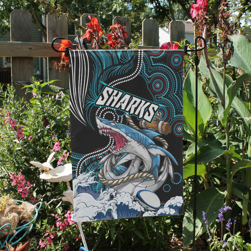 Cronulla-Sutherland Sharks Flag - Impetuous Cronulla-Sutherland Sharks with Ball and Aboriginal Inspired Dot Painting Art