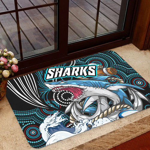 Cronulla-Sutherland Sharks Door Mat - Cronulla-Sutherland Sharks Aboriginal Indigenous Dot Painting Style Door Mat