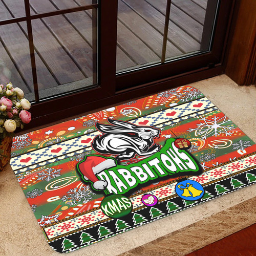 South Sydney Rabbitohs Door Mat - Xmas South Sydney Rabbitohs Balls, Snowflake With Aboriginal Inspired Patterns