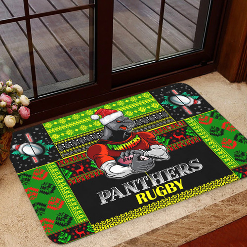 Penrith Panthers Door Mat - Christmas Snowflakes Penrith Panthers Mascot Door Mat