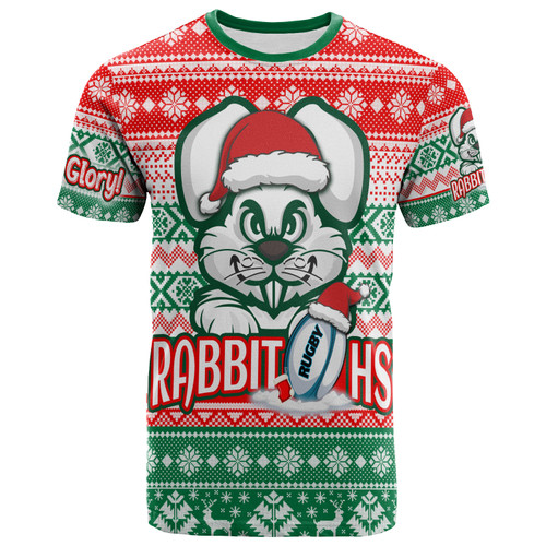 South Sydney Rabbitohs T-shirt - Custom Rabbitohs Glory, Glory! Knitted Christmas T-shirt