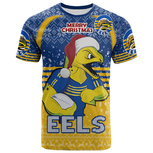 Parramatta Eels Christmas T-Shirt - Custom Parramatta Eels Merry Christmas With Snowflake Pattern T-Shirt