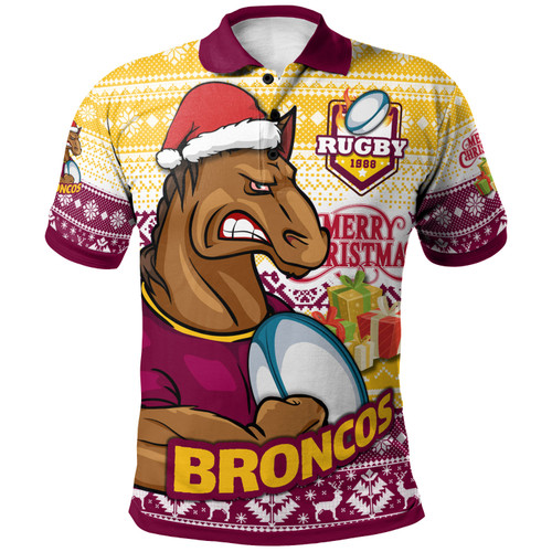 Brisbane Broncos Polo Shirt - Custom Brisbane Broncos Mascot Knitted Christmas Patterns Polo Shirt