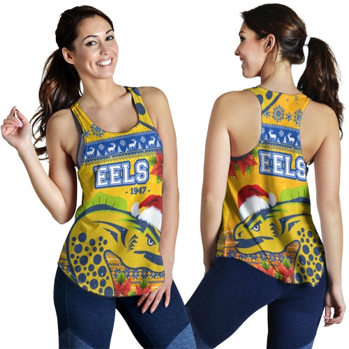 Parramatta Eels Women Racerback Tank - Parramatta Eels and Poinsettia Xmas Women Racerback Tank