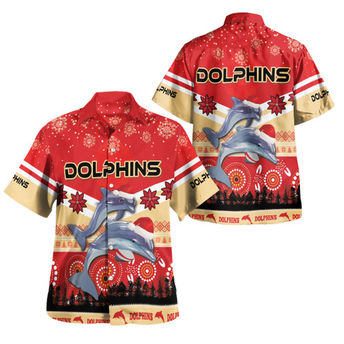 Redcliffe Dolphins Christmas Hawaiian Shirt - Custom Redcliffe Dolphins Christmas with Ugly Pattern and Aboriginal Inspired