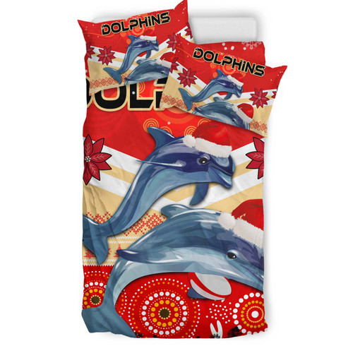 Redcliffe Dolphins Christmas Bedding Set - Redcliffe Dolphins Christmas with Ugly Pattern and Aboriginal Inspired Bedding Set Redcliffe Dolphins Christmas Bedding Set - Redcliffe Dolphins Christmas with Ugly Pattern and Aboriginal Inspired Bedding Set