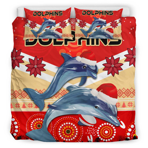 Redcliffe Dolphins Christmas Bedding Set - Redcliffe Dolphins Christmas with Ugly Pattern and Aboriginal Inspired Bedding Set Redcliffe Dolphins Christmas Bedding Set - Redcliffe Dolphins Christmas with Ugly Pattern and Aboriginal Inspired Bedding Set