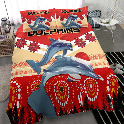 Redcliffe Dolphins Christmas Bedding Set - Redcliffe Dolphins Christmas with Ugly Pattern and Aboriginal Inspired Bedding Set Redcliffe Dolphins Christmas Bedding Set - Redcliffe Dolphins Christmas with Ugly Pattern and Aboriginal Inspired Bedding Set