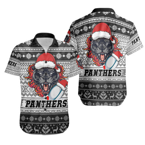 Penrith Panthers Hawaiian Shirt - Penrith Panthers Mascot Knitted Christmas Patterns Hawaiian Shirt