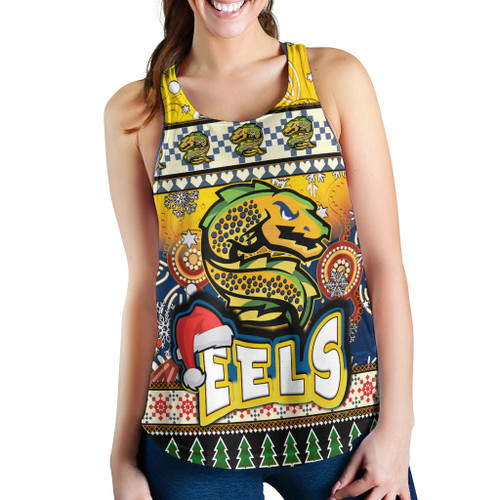 Parramatta Eels Christmas Women Racerback Tank - Xmas Parramatta Eels Christmas Balls, Snowflake With Aboriginal Patterns Women Racerback Tank