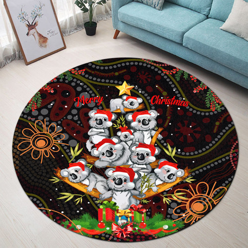 Aboriginal Christmas Round Rug - Aussie Koala Christmas Tree with Aboriginal Inspired Round Rug