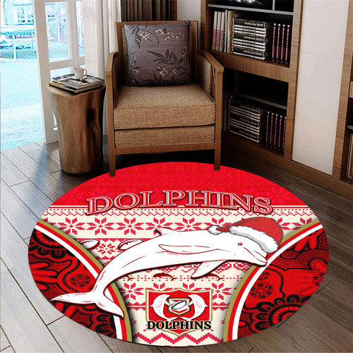 Redcliffe Dolphins Round Rug - Christmas Redcliffe Dolphins Mascot Round Rug