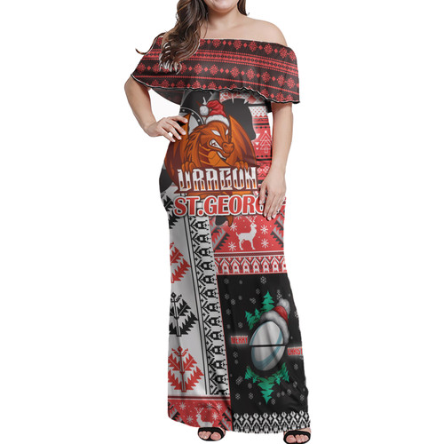 St.George Rugby Women Off Shoulder Long Dress - Christmas Snowflakes Dragon Mascot