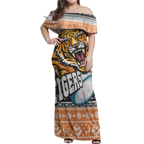 Wests Tigers Women Off Shoulder Long Dress - Tigers Mascot Knitted Christmas Pattern