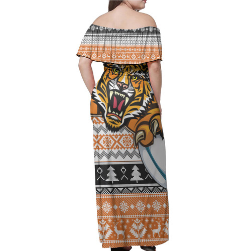 Wests Tigers Women Off Shoulder Long Dress - Tigers Mascot Knitted Christmas Pattern Wests Tigers Women Off Shoulder Long Dress - Tigers Mascot Knitted Christmas Pattern