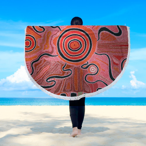 Australia Aboriginal Inspired Beach Blanket - Indigenous Footprint Landscape Beach Blanket Australia Aboriginal Inspired Beach Blanket - Indigenous Footprint Landscape Beach Blanket