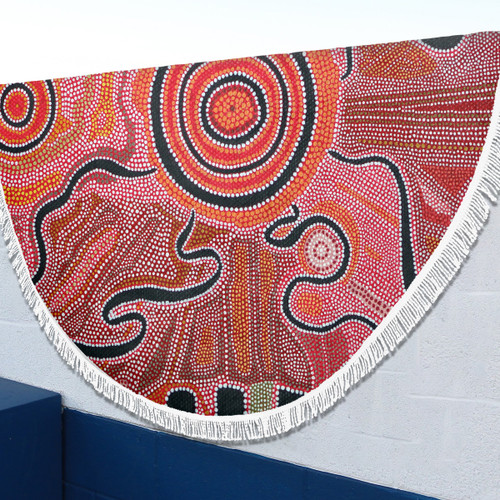 Australia Aboriginal Inspired Beach Blanket - Indigenous Footprint Landscape Beach Blanket Australia Aboriginal Inspired Beach Blanket - Indigenous Footprint Landscape Beach Blanket