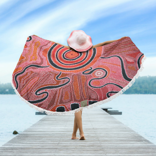 Australia Aboriginal Inspired Beach Blanket - Indigenous Footprint Landscape Beach Blanket Australia Aboriginal Inspired Beach Blanket - Indigenous Footprint Landscape Beach Blanket