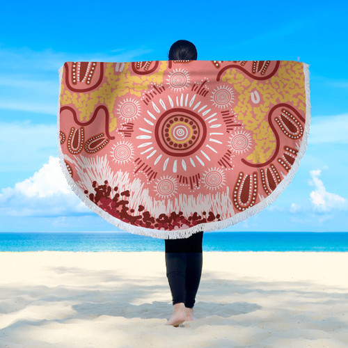 Australia Aboriginal Inspired Beach Blanket - Indigenous Inspired Red Flowers Beach Blanket Australia Aboriginal Inspired Beach Blanket - Indigenous Inspired Red Flowers Beach Blanket