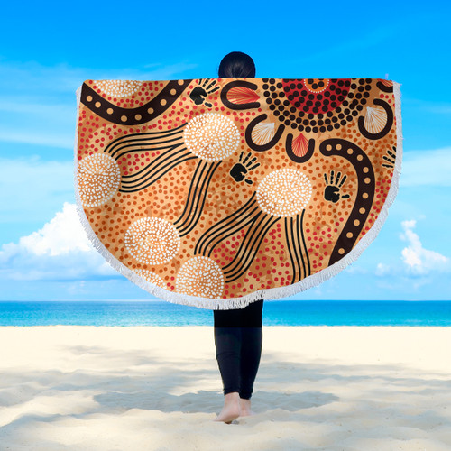 Australia Aboriginal Inspired Beach Blanket - Indigenous Inspired White Flowers and Blank Hand Art Beach Blanket Australia Aboriginal Inspired Beach Blanket - Indigenous Inspired White Flowers and Blank Hand Art Beach Blanket