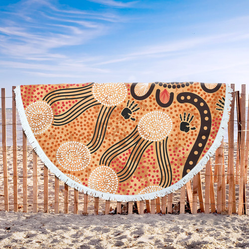 Australia Aboriginal Inspired Beach Blanket - Indigenous Inspired White Flowers and Blank Hand Art Beach Blanket Australia Aboriginal Inspired Beach Blanket - Indigenous Inspired White Flowers and Blank Hand Art Beach Blanket