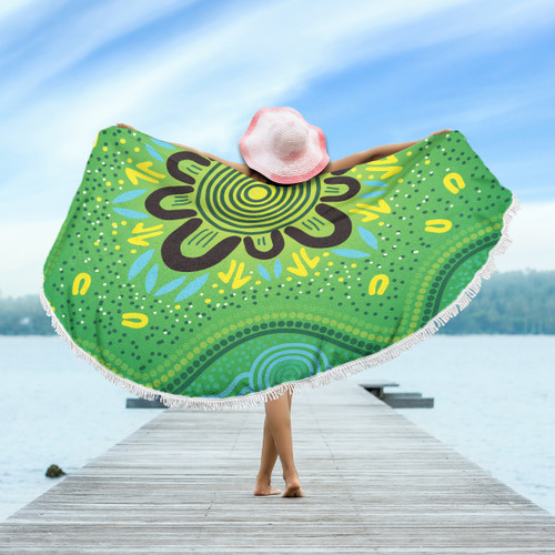 Australia Aboriginal Inspired Beach Blanket - Indigenous Inspired Green Dot Painting Flowers Beach Blanket Australia Aboriginal Inspired Beach Blanket - Indigenous Inspired Green Dot Painting Flowers Beach Blanket