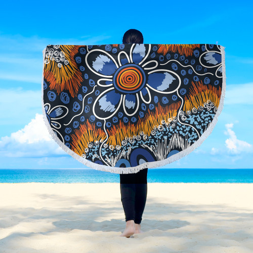 Australia Aboriginal Inspired Beach Blanket - Indigenous Inspired Orange and Blue Dot Painting Flowers Beach Blanket Australia Aboriginal Inspired Beach Blanket - Indigenous Inspired Orange and Blue Dot Painting Flowers Beach Blanket