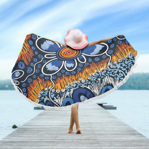 Australia Aboriginal Inspired Beach Blanket - Indigenous Inspired Orange and Blue Dot Painting Flowers Beach Blanket Australia Aboriginal Inspired Beach Blanket - Indigenous Inspired Orange and Blue Dot Painting Flowers Beach Blanket