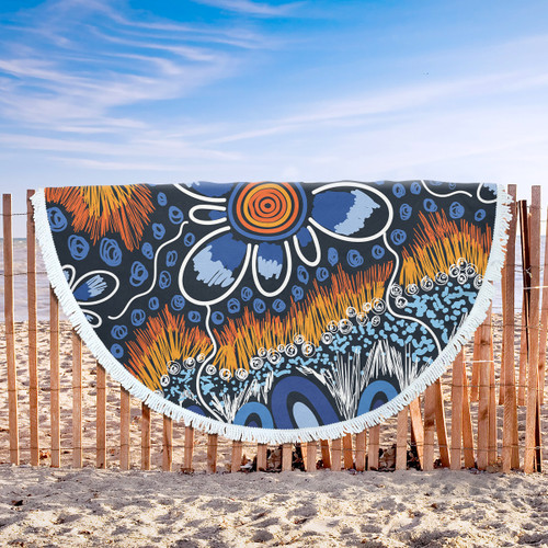 Australia Aboriginal Inspired Beach Blanket - Indigenous Inspired Orange and Blue Dot Painting Flowers Beach Blanket Australia Aboriginal Inspired Beach Blanket - Indigenous Inspired Orange and Blue Dot Painting Flowers Beach Blanket