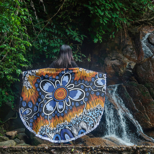 Australia Aboriginal Inspired Beach Blanket - Indigenous Inspired Orange and Blue Dot Painting Flowers Beach Blanket Australia Aboriginal Inspired Beach Blanket - Indigenous Inspired Orange and Blue Dot Painting Flowers Beach Blanket
