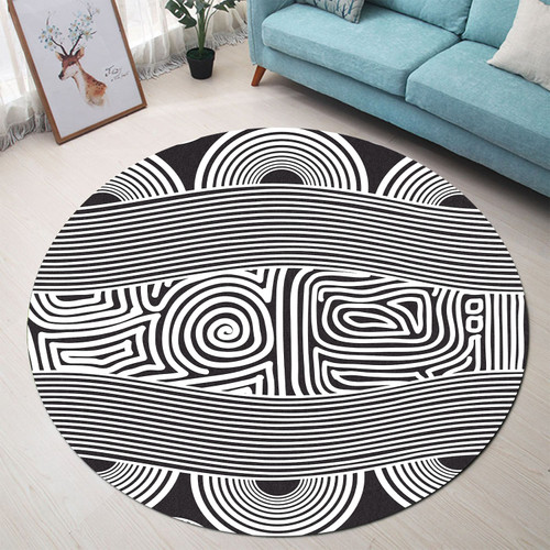 Australia Aboriginal Inspired Round Rug - Black And White Vector Aboriginal Art Round Rug