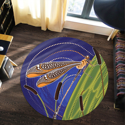 Australia Aboriginal Inspired Round Rug - Dragonfly On Cattails Aboriginal Style Art Round Rug