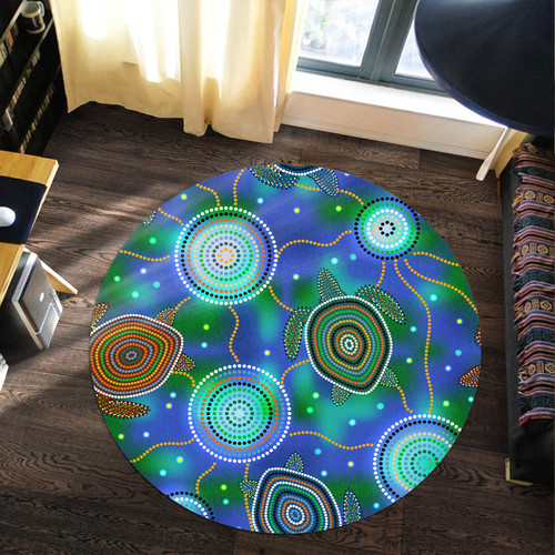 Australia Aboriginal Inspired Round Rug - Aboriginal Sea Turtles And Jellyfish Style Art Round Rug